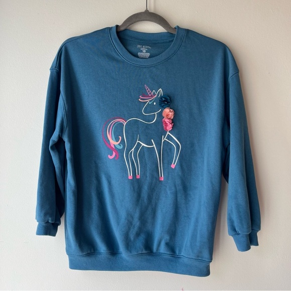 🌼 5/$25 365 Kids Girls Unicorn Sweatshirt Size 10 | Blue Pullover Crewneck - Picture 1 of 7